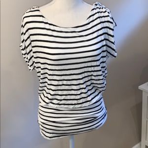 WHBM small black and white striped top w ruching
